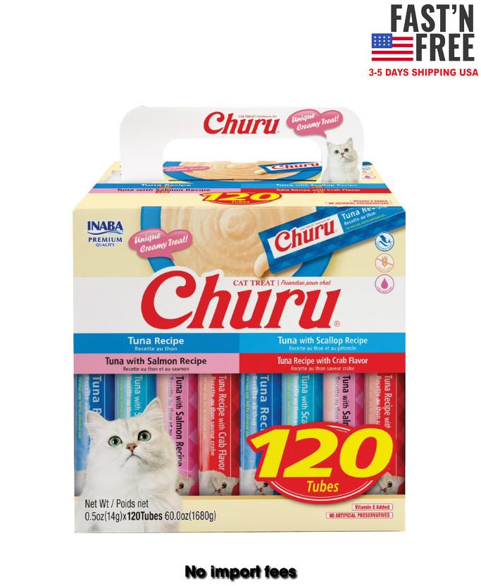 INABA Churu Cat Treats, Lickable, Squeezable Creamy Purée, 0.5 Ounces 120 tubes