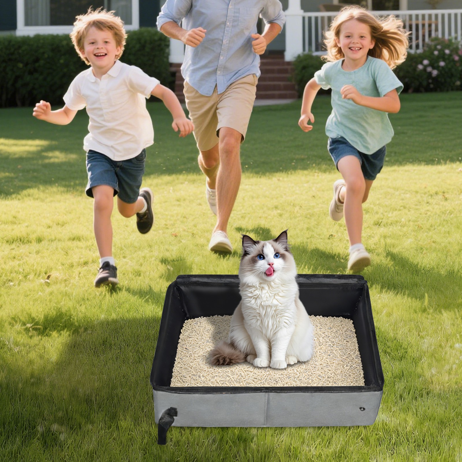 Foldable Cat Litter Box with Lid, Portable Oxford Cloth, Grey, Medium