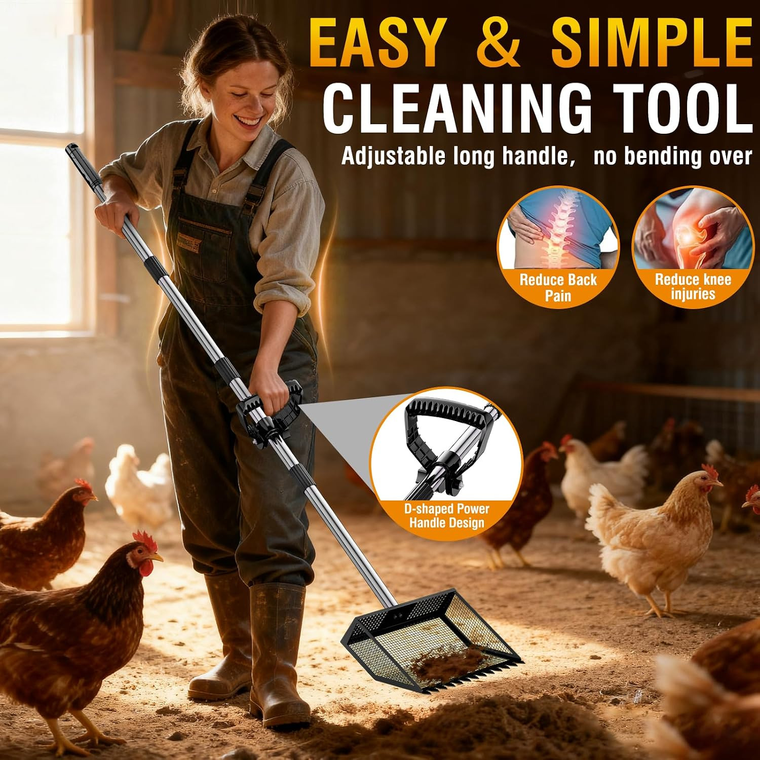 Large Chicken Poop Scooper: 2-In-1 Metal Pooper Scooper & Rake Adjustable 62″