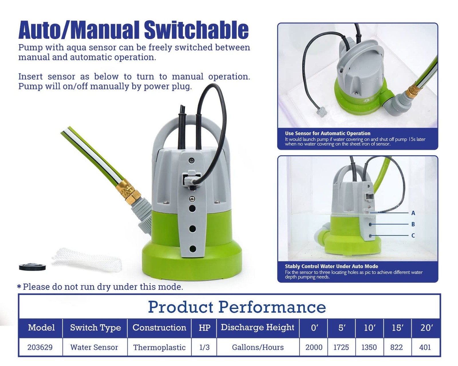 Green Expert 1/3HP Submersible Sump Pump with Water Sensor Switch, Low Water …