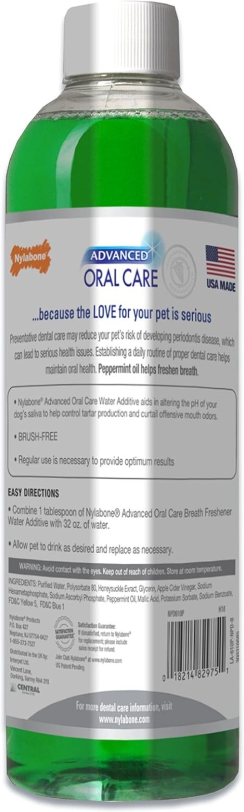 Nylabone Advanced Pet Dental Water Additive – 16 Oz Peppermint Breath Freshener