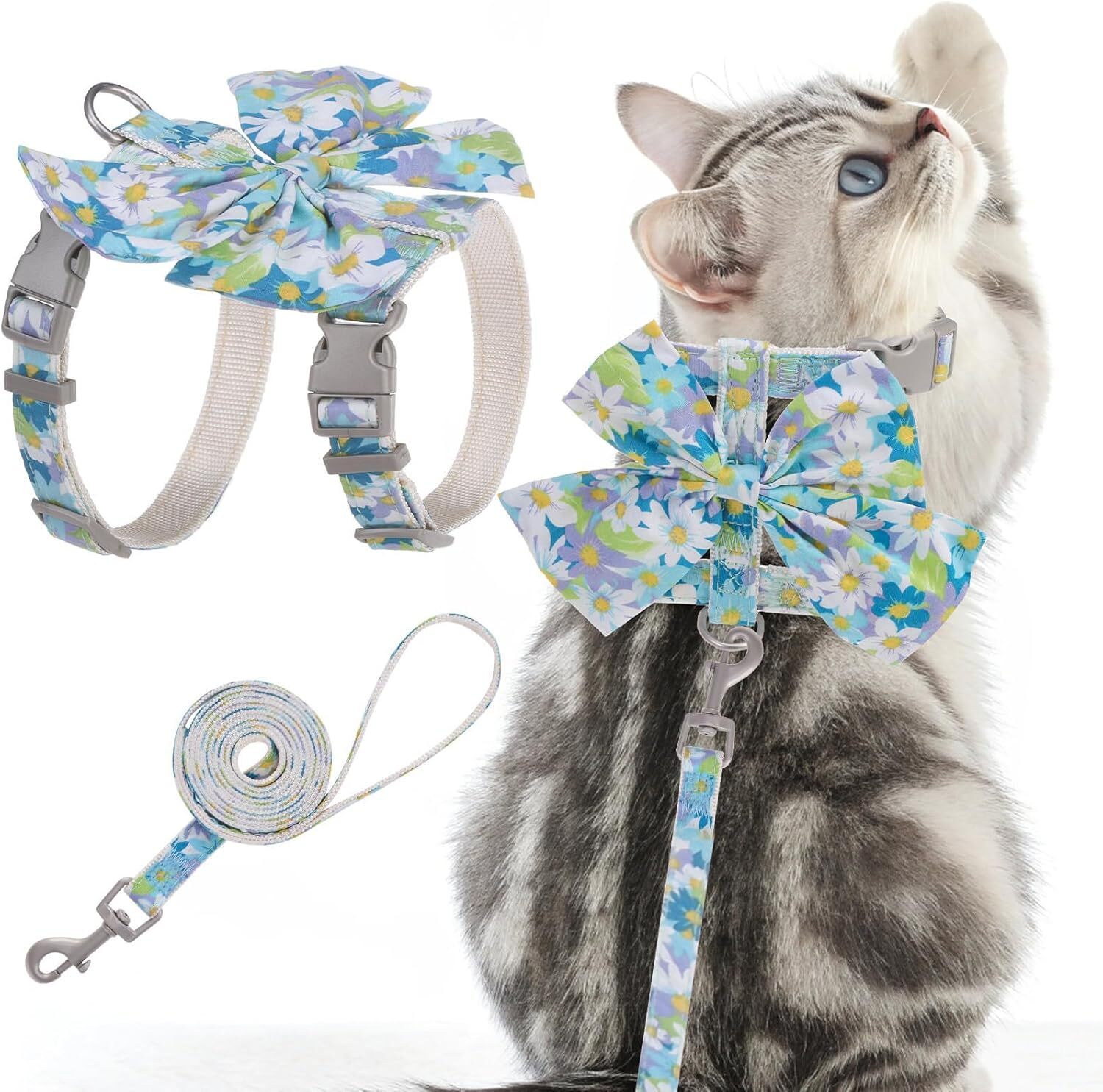 Cat Harness Leash Set Bow Knot,Cats Escape Girl Cats Bunny Rabbit Small Dog,Blue