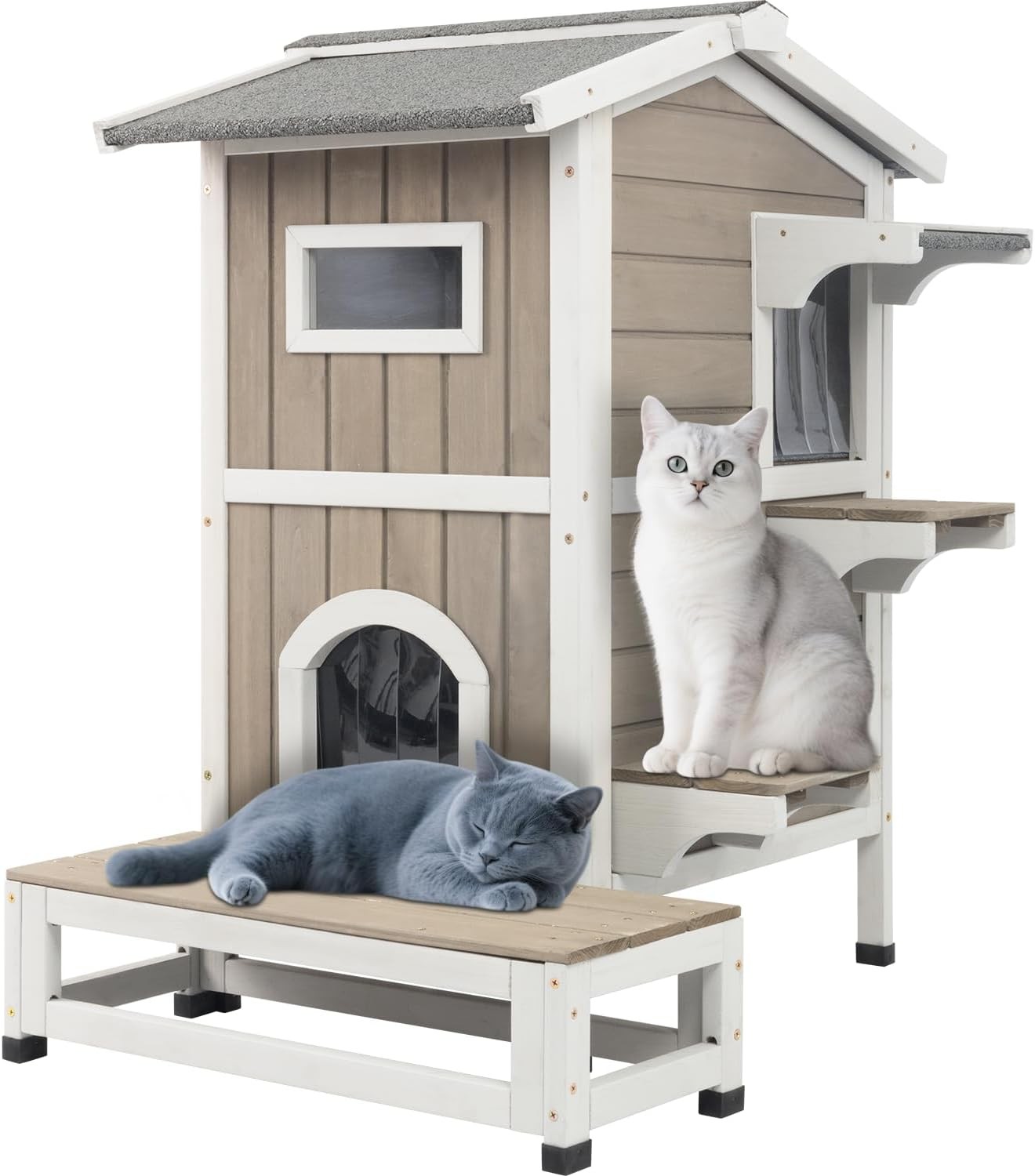 Petscosset 2-Story Wooden Outdoor Cat House Feral Shelter with Openable Roof