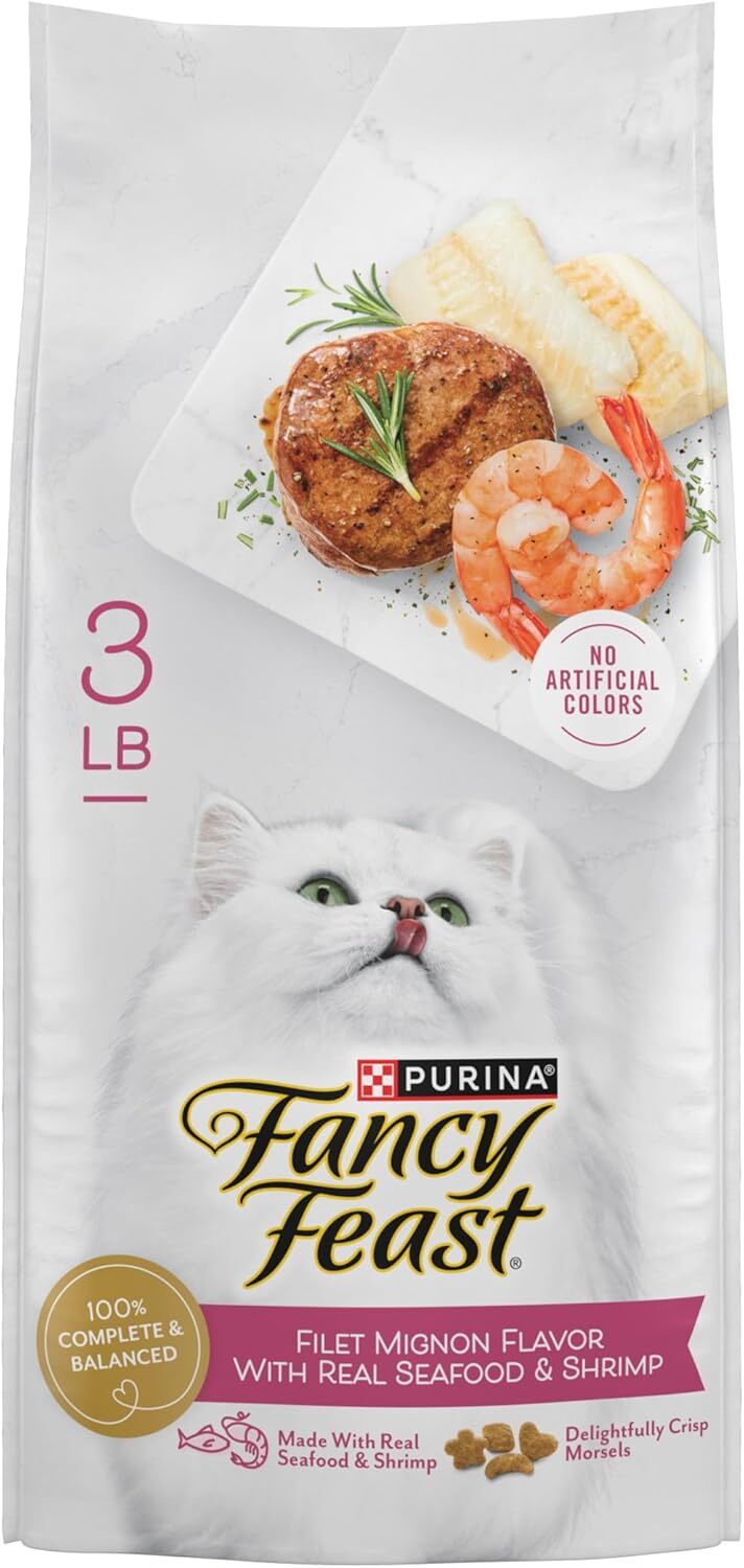 Purina Fancy Feast Dry Cat Food Filet Mignon Flavor With Seafood and Shrimp, 3Lb