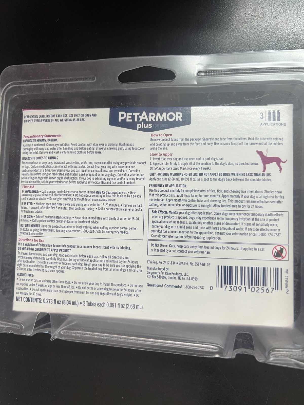 3-Doses PETARMOR Plus for Large Dogs 45-88lbs Flea Ticks Treatment 5672