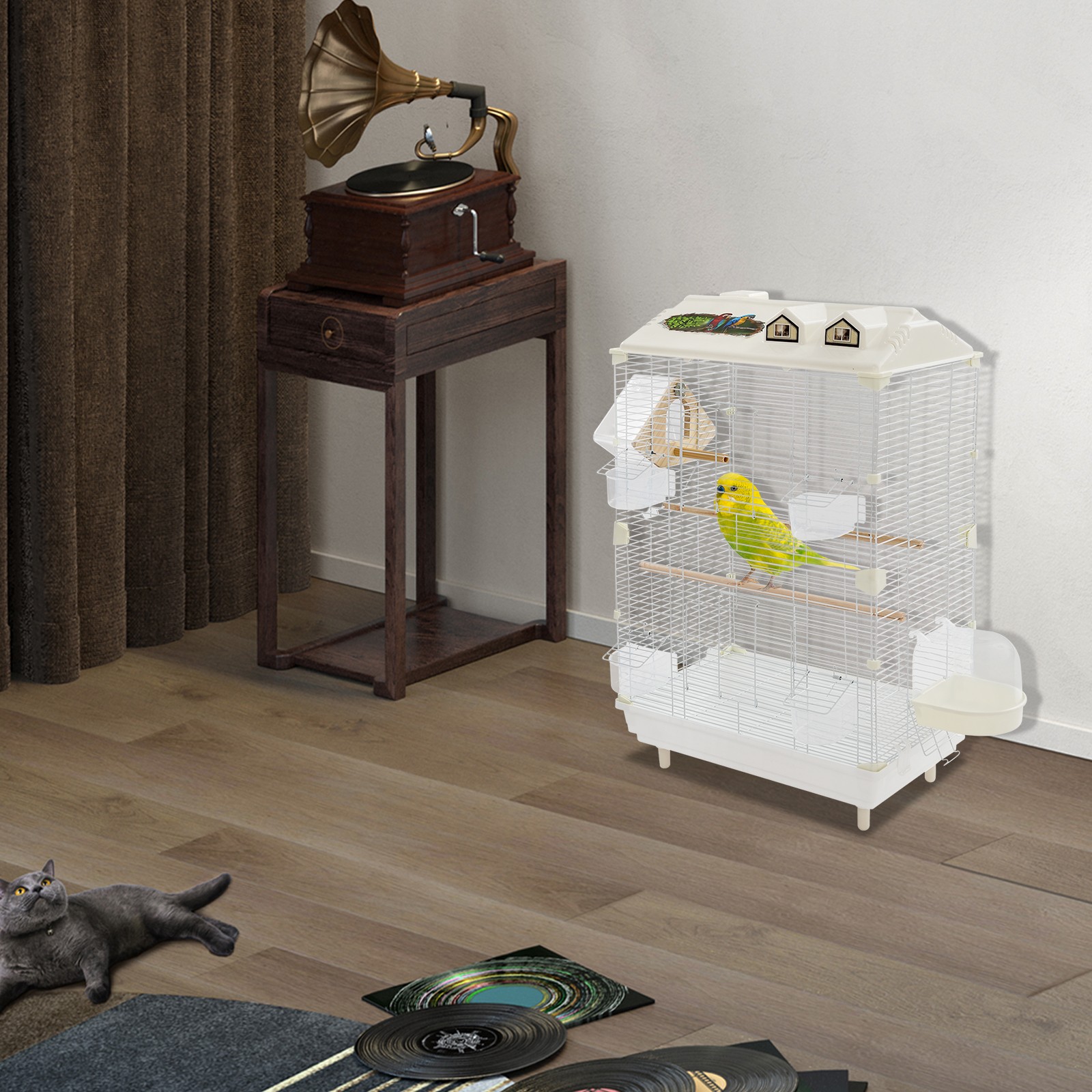 2 Tiers British Style Parrot Cage, White Birdcage Kit, Freestanding Canary Cage