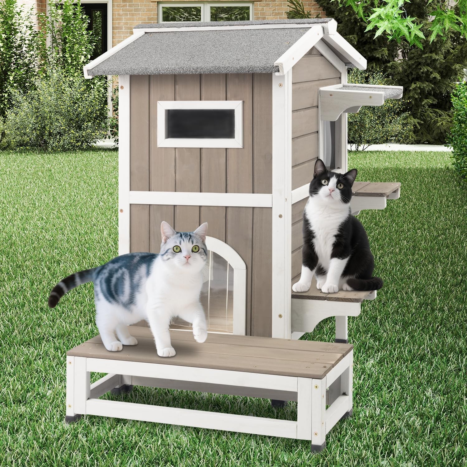 Petscosset 2-Story Wooden Outdoor Cat House Feral Shelter with Openable Roof