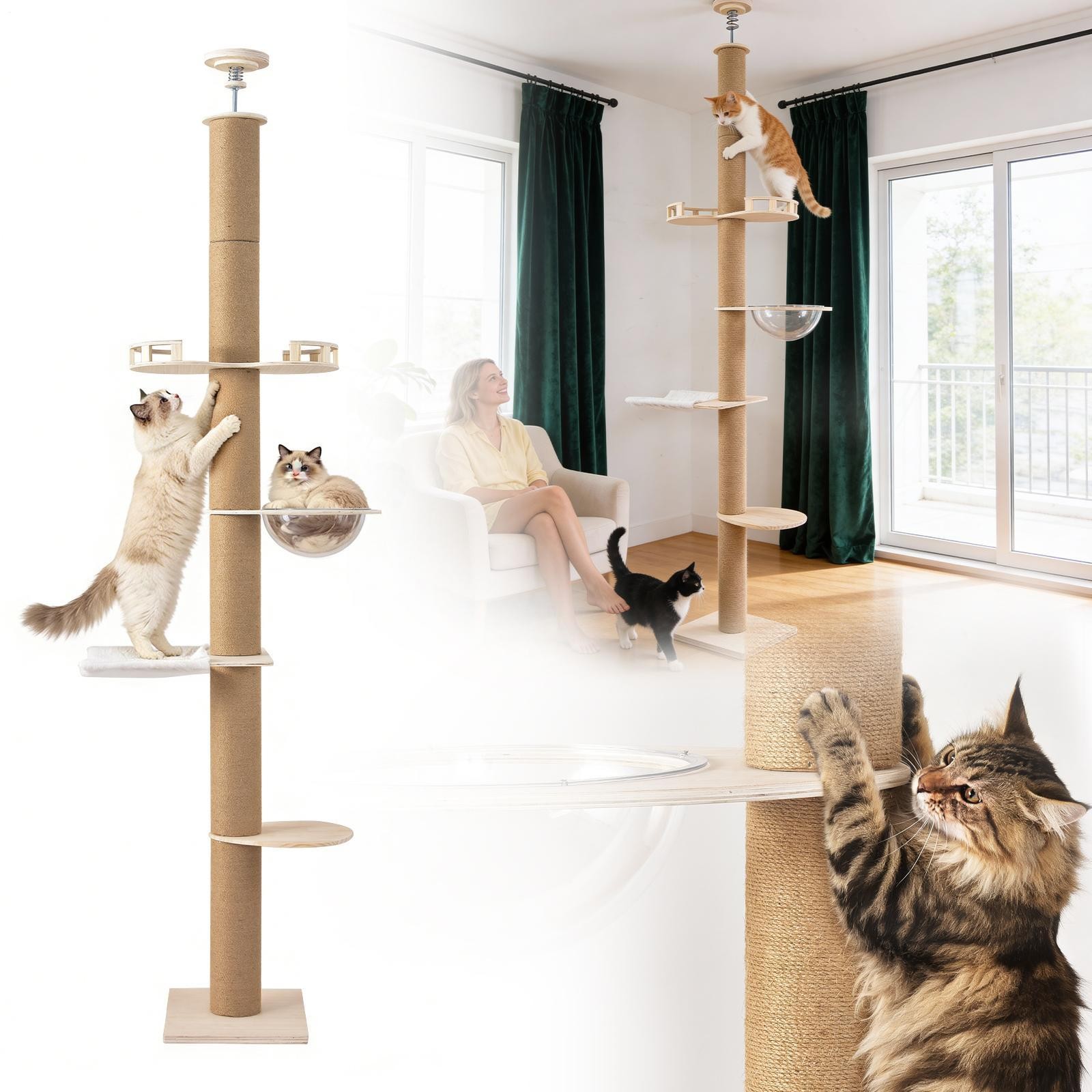 Adjustable 102-104″ Ceiling Cat Tree Large Cats Condo w/ Scratching Post&Hammock