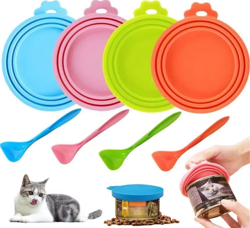 4 Ps Pet Food Can Cover Set w Spoon-Silicone Can Lids for Dog & Cat Food Storage