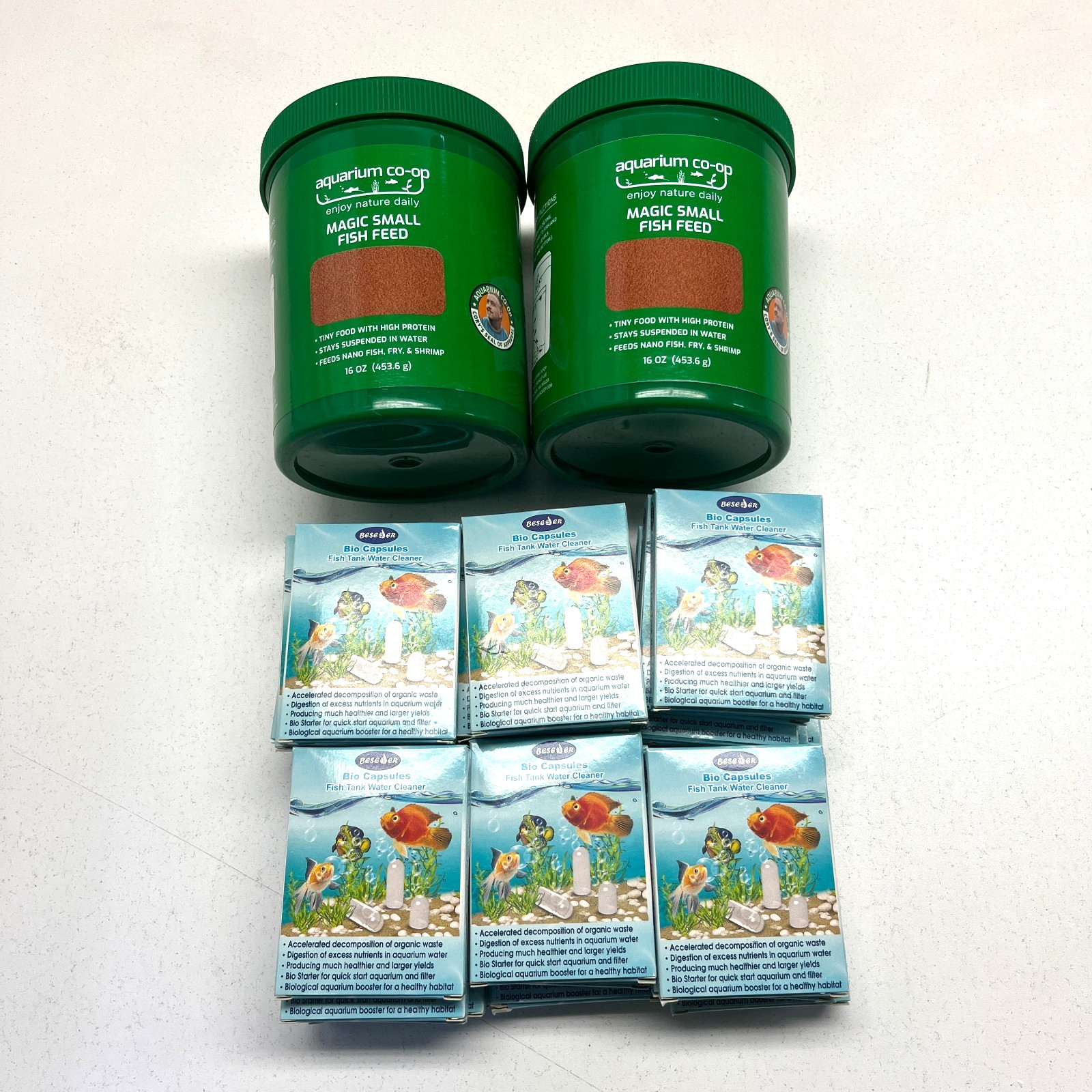 Aquarium Co-Op Fish Food an cleaner lot