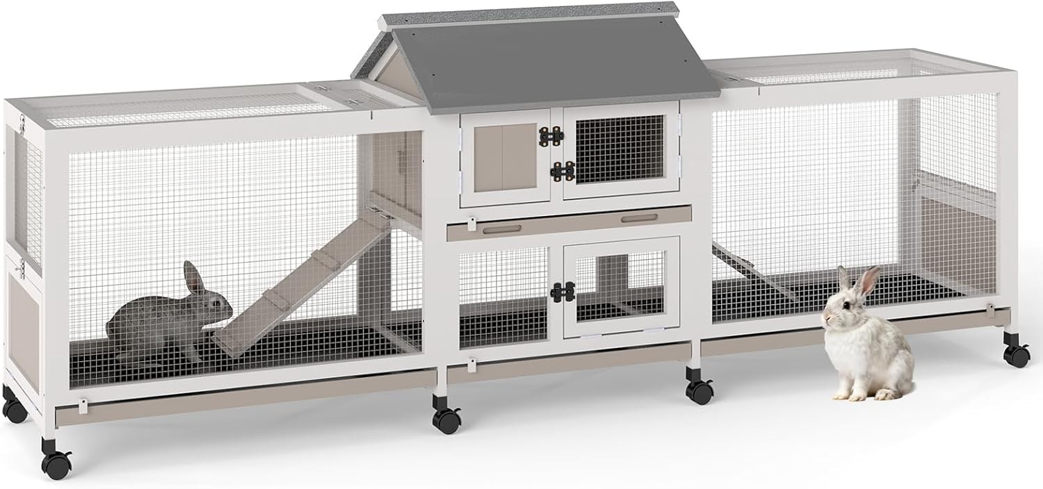 PETSCOSSET Outdoor Wooden Rabbit Hutch with Double Runs, Waterproof Bunny Cage