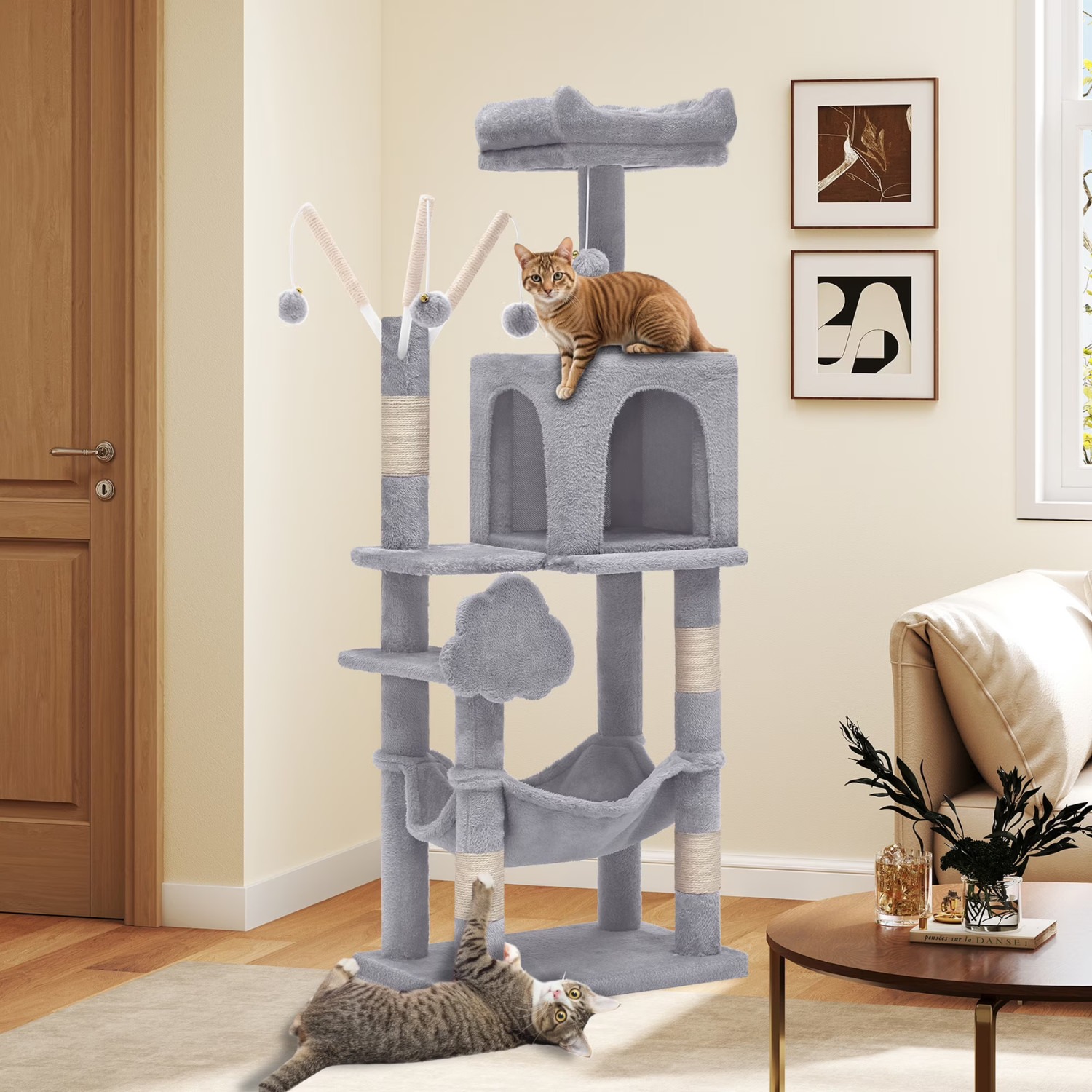 Uforic 44″ Cat Tree Tower, with Scratch Posts, Condo, Hammock, Toys, Light Gray