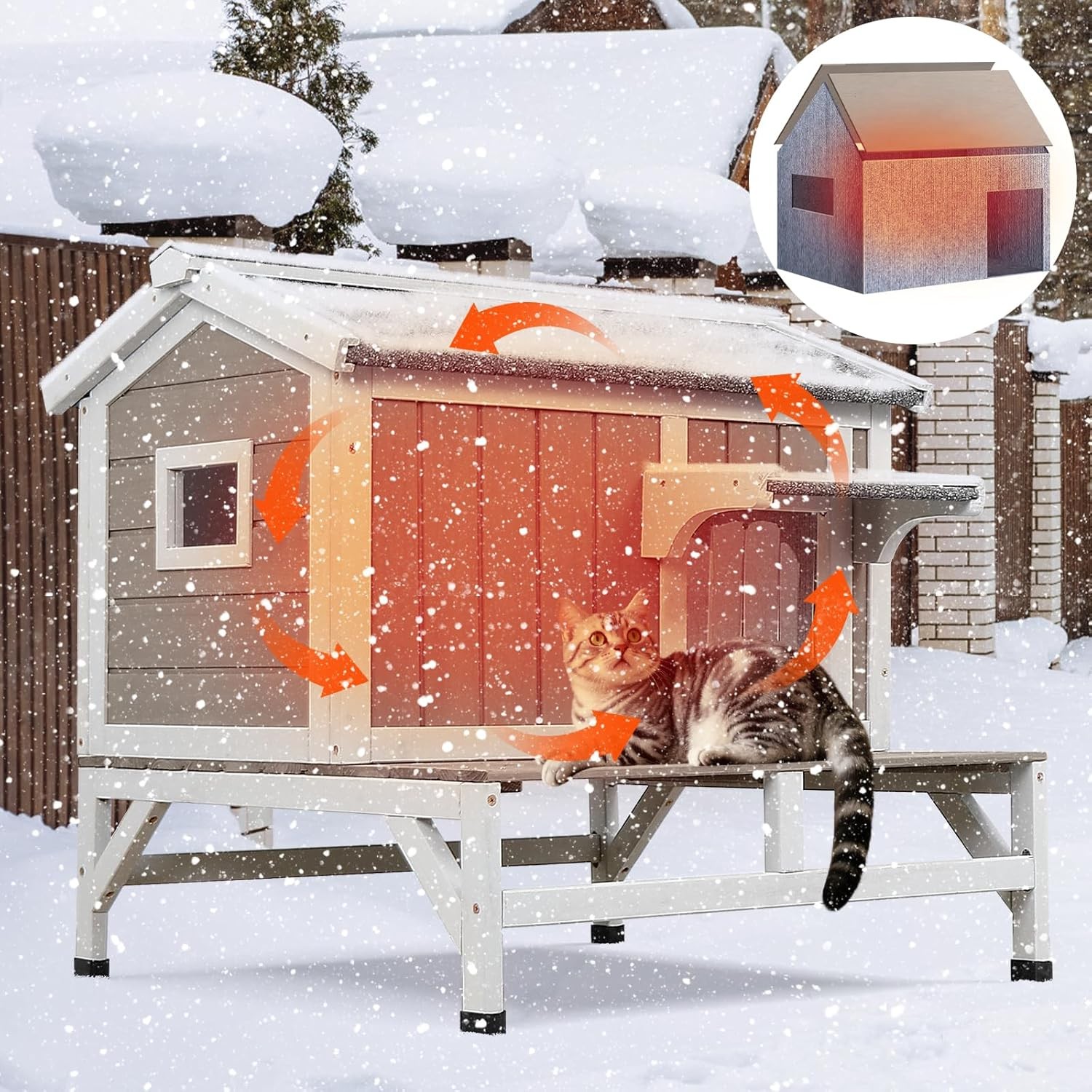 Petscosset Insulated Cat House Outdoor Cat Shelter for Winter Wooden Pet House