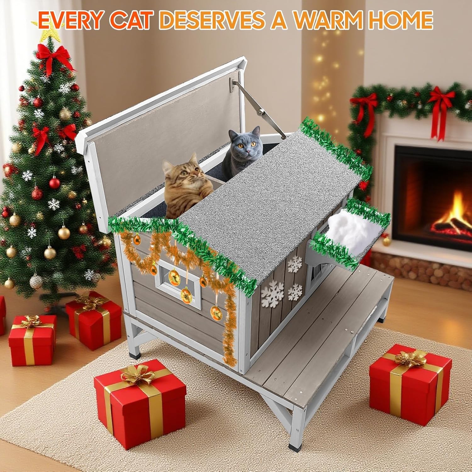 Petscosset Insulated Cat House Outdoor Cat Shelter for Winter Wooden Pet House