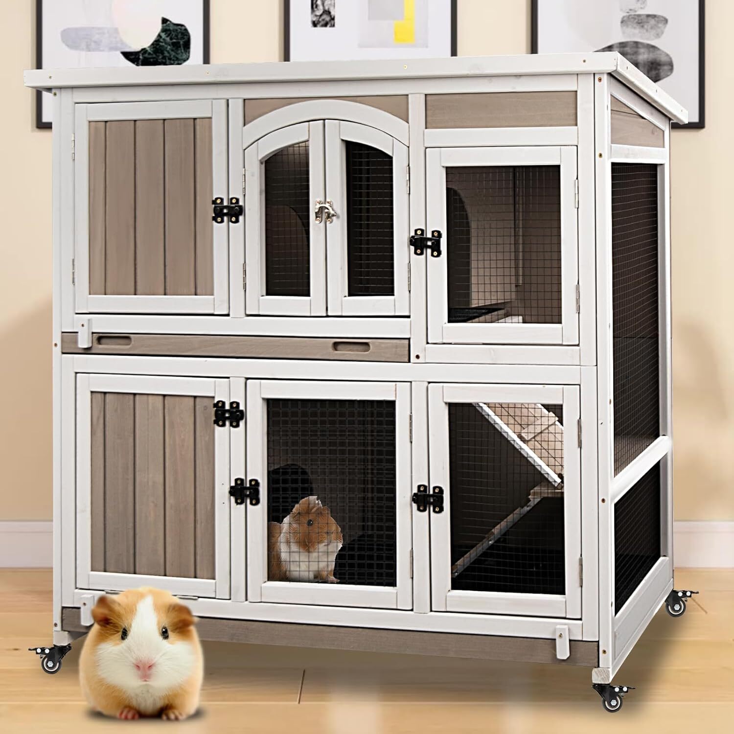 Petscosset 47″ L Indoor Wooden Guinea Pig Cage, 2-Story Large Hamster Cage