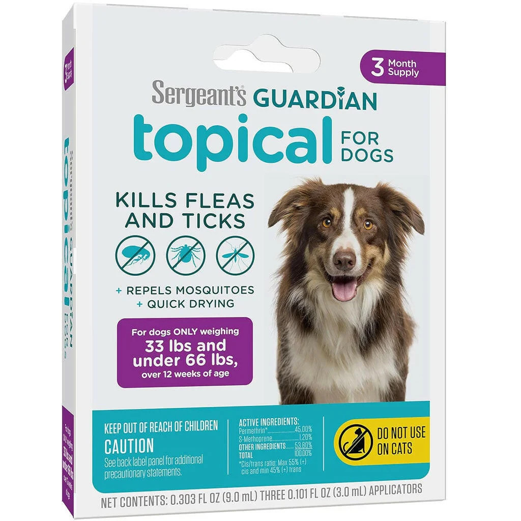 Sergeant’s Guardian Flea & Tick Squeeze On Topical for Dogs, 33-66 lbs., 3 Month