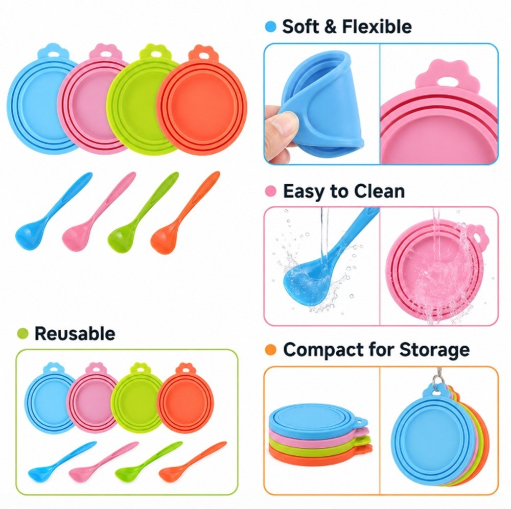 4 Ps Pet Food Can Cover Set w Spoon-Silicone Can Lids for Dog & Cat Food Storage