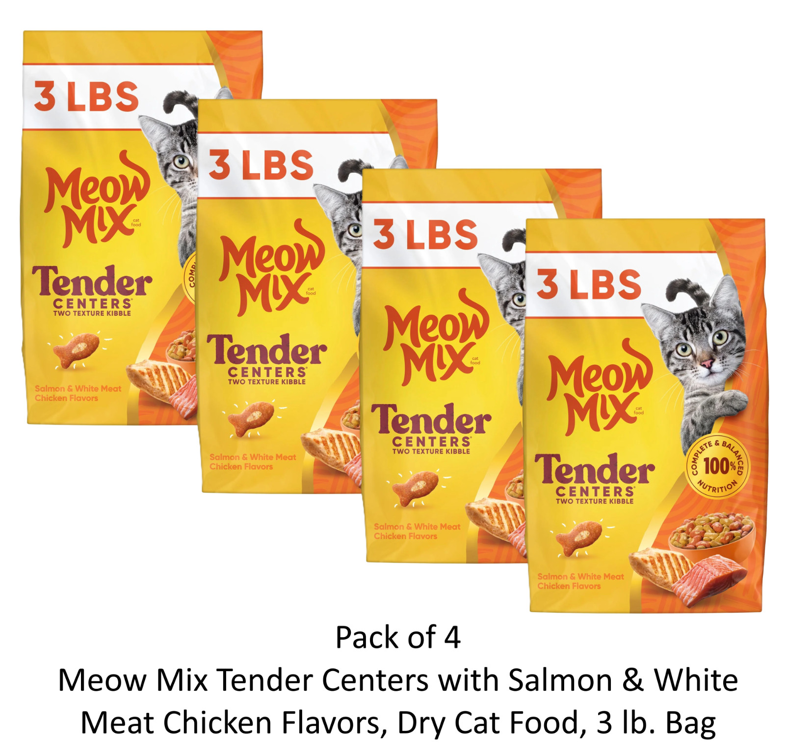 4 x Meow Mix Tender Centers Dry Cat Food Salmon & White Meat Chicken 3 lb Bags
