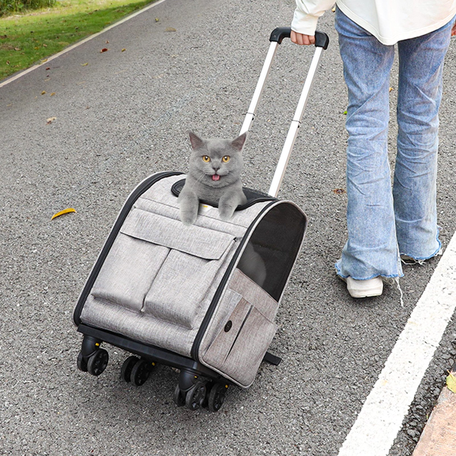 VEVOR Cat Carrier with Wheels Rolling Pet Carrier with Handle 18 lbs Grey
