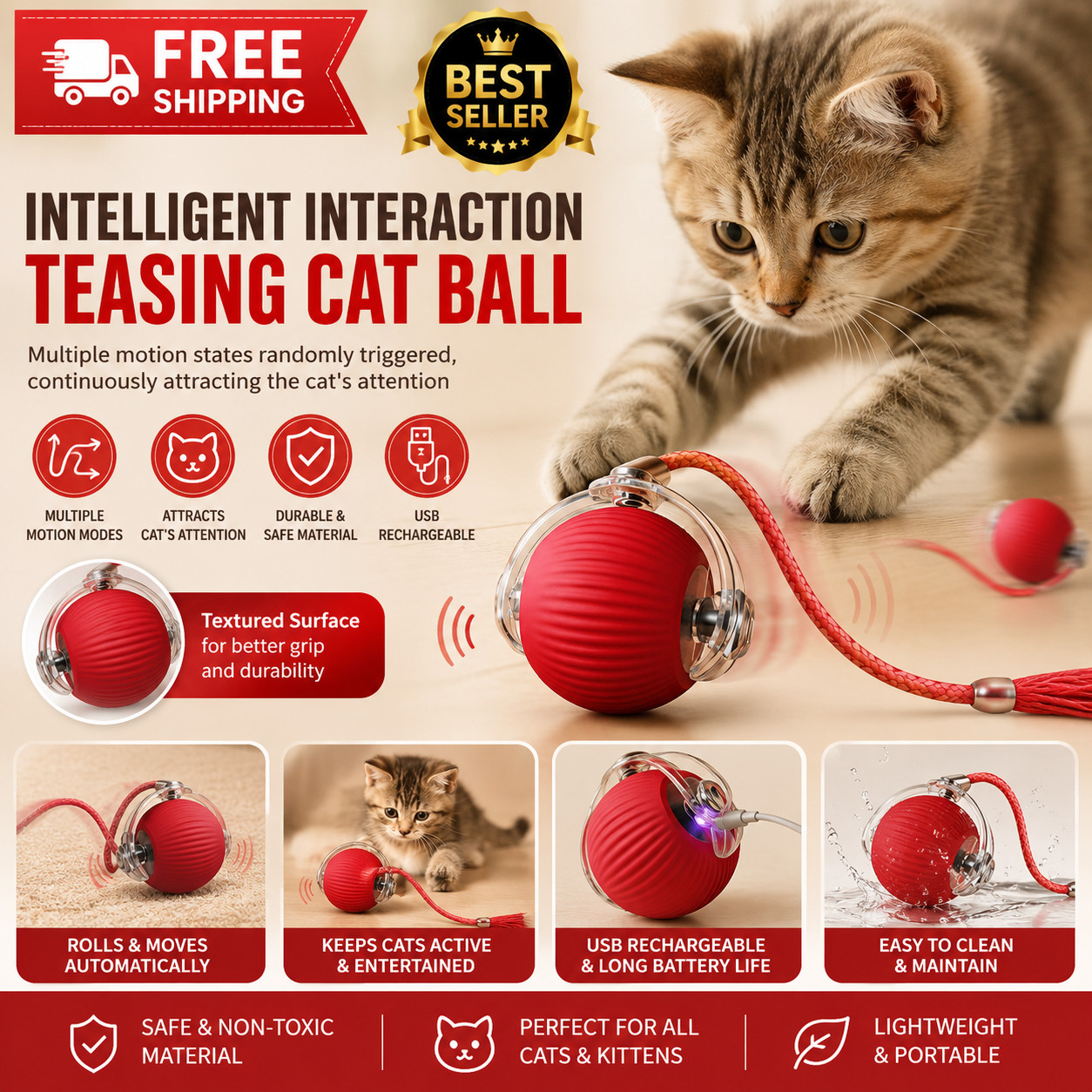 Automatic Rolling Ball Smart Cat Dog Toy Electric Pet Self-moving Kitten lot