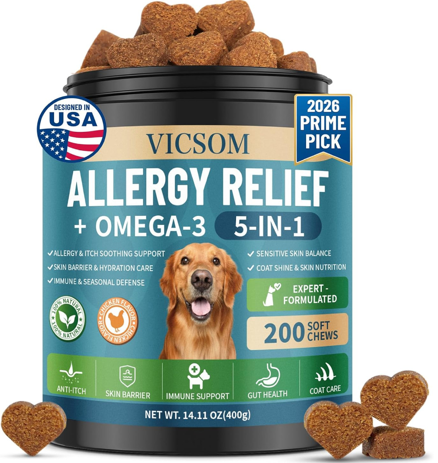Dog Allergy Chews Omega 3 is Human, Dog Allergy Relief Itch Relief, 200 Chews An