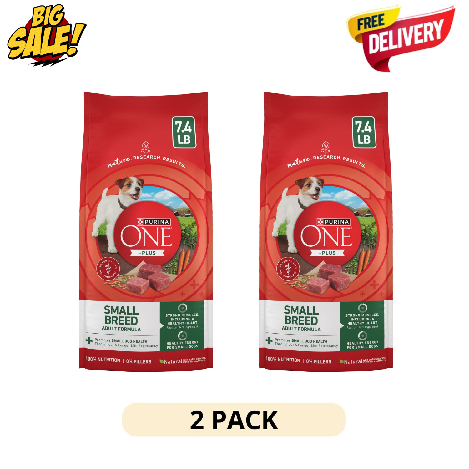 2 Pack Purina ONE Small Breed Dog Food Lamb Rice Formula 7.4lb Bag