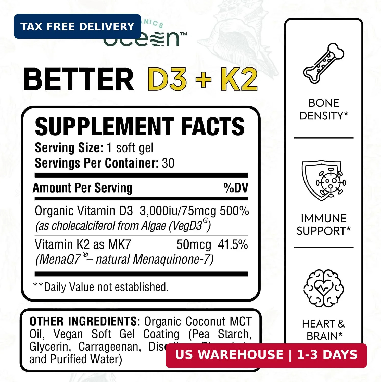 Organics Ocean Better D3 + K2-100% Organic VIT D3 and K2 Supplements with Maximu