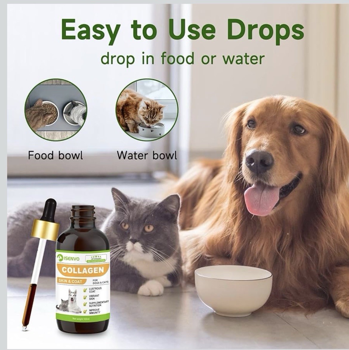 Skin & Coat Supplement for Dogs Cats | ISENVO Daily Liquid Collagen New In Pkg