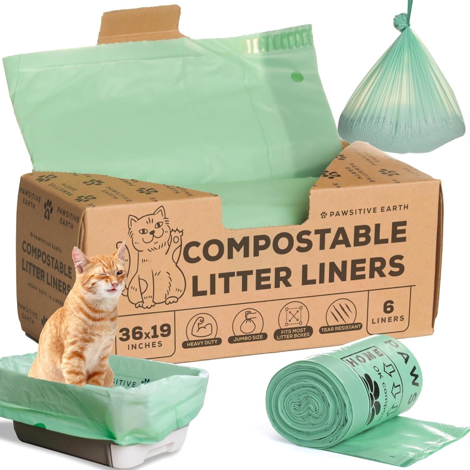 Cat Litter Box Liners 100% Compostable Drawstring Close 6Count Jumbo Size 36×19″