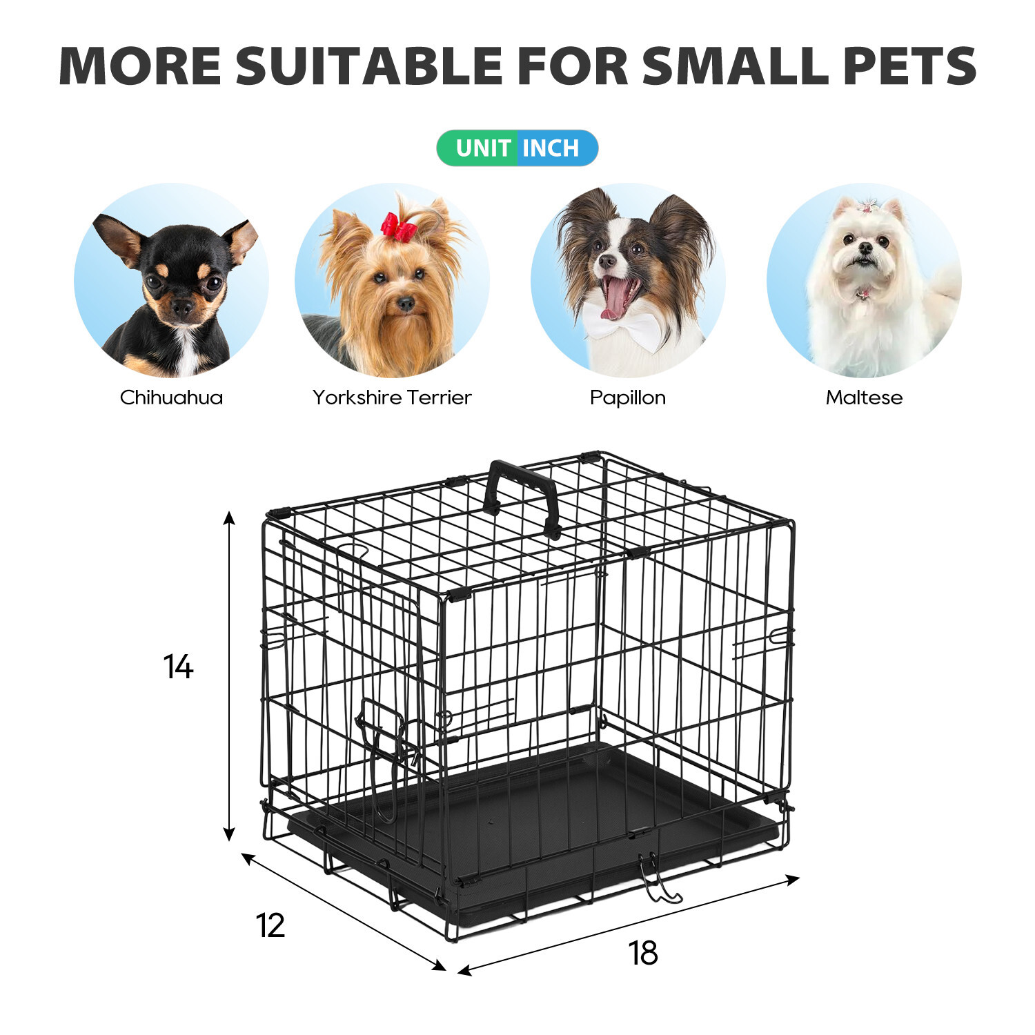 Dog Crate 18″ Foldable Metal Kennel with Double Doors, Secure Slide-Bolt Latches