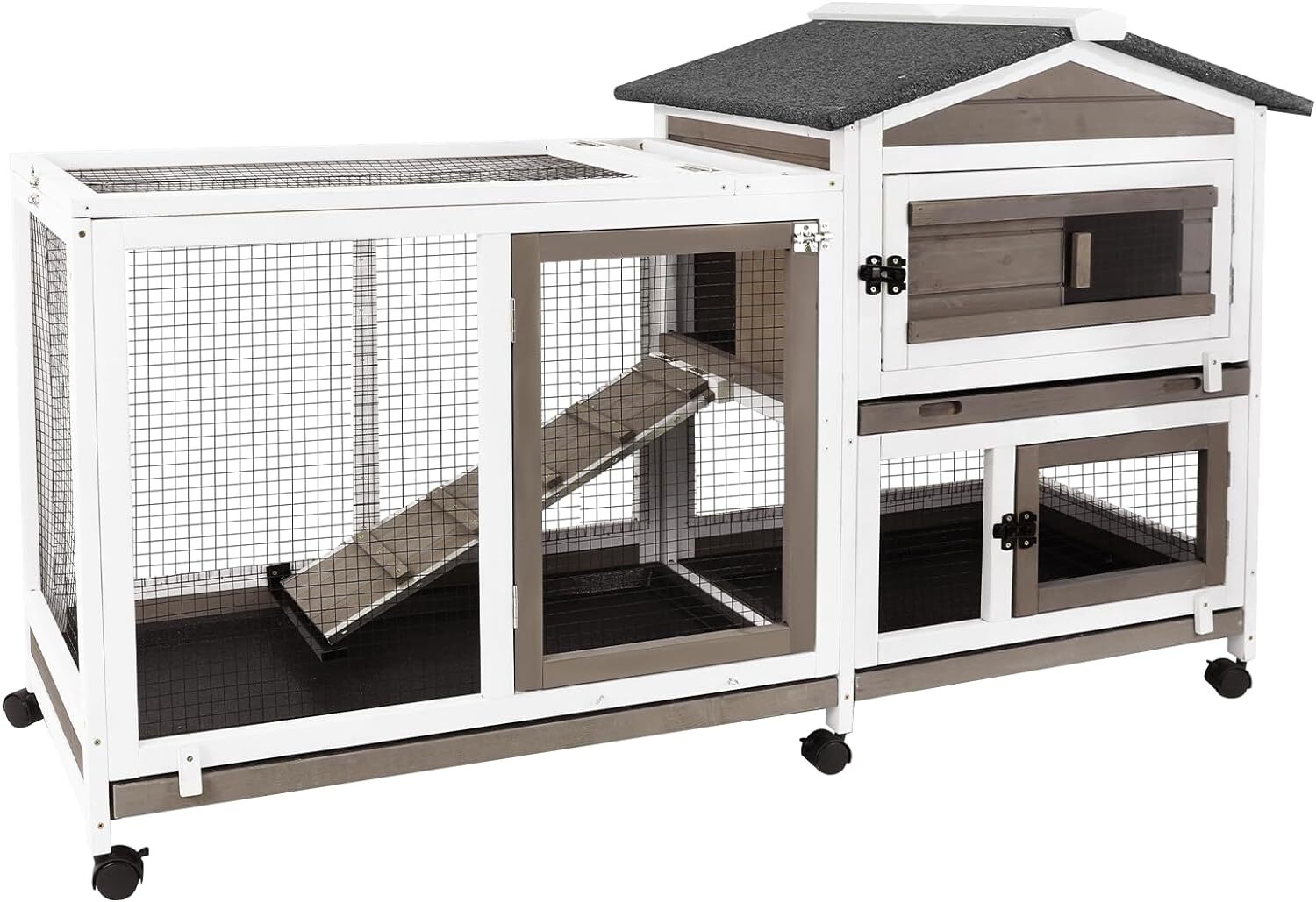 PETSCOSSET 57″ Large Rabbit Hutch Bunny Cage on Wheels Waterproof Roof，Grey