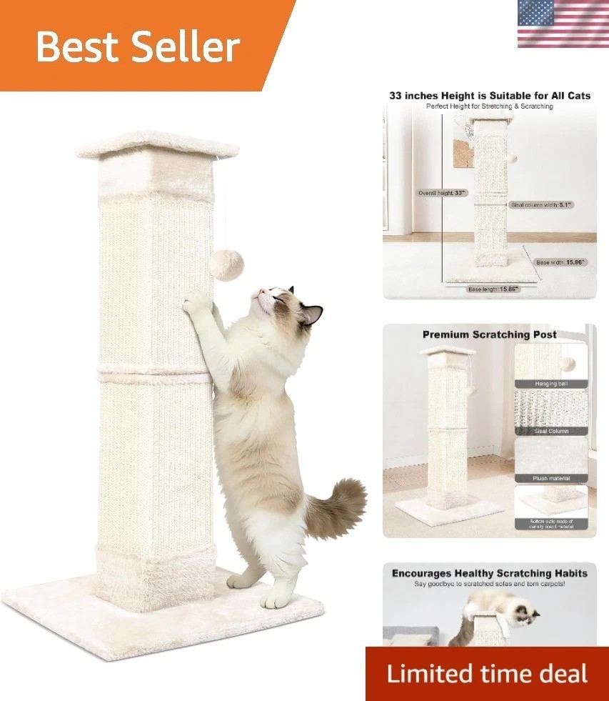 33-Inch Modern Cat Scratching Post with Sisal Rope & Dangling Ball – Beige White