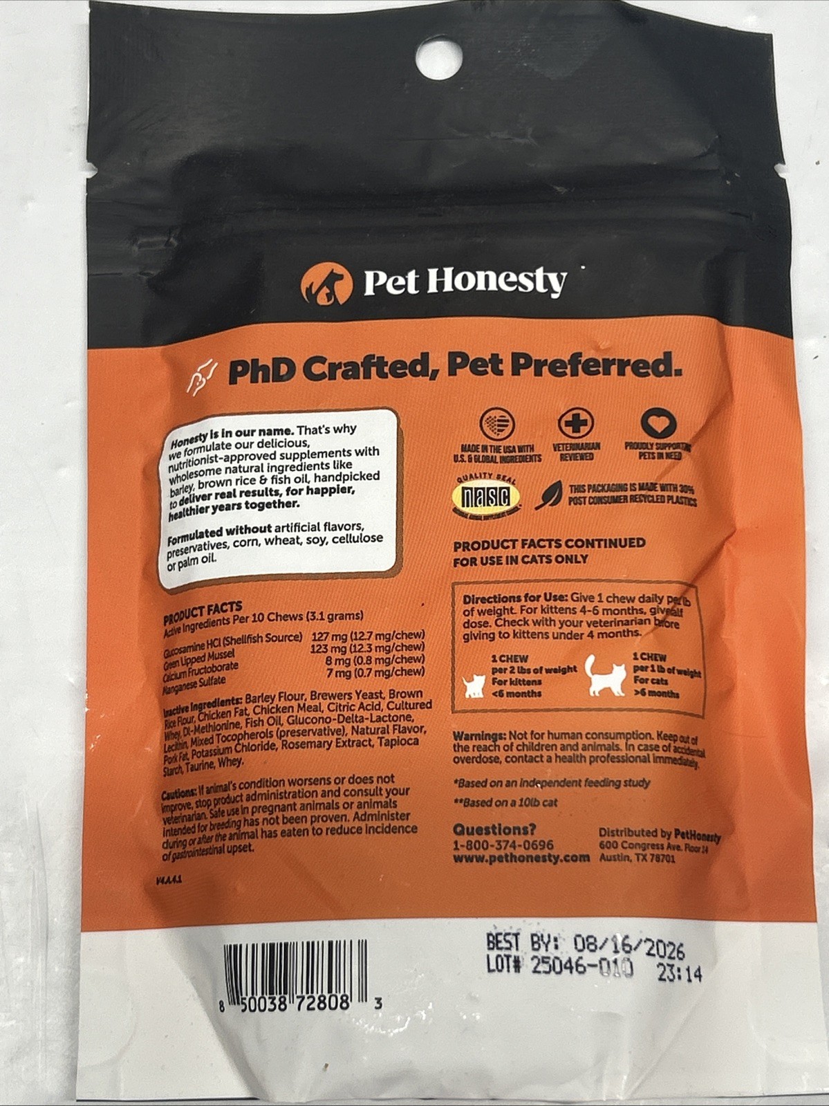 Lot of 6 PET HONESTY Cat Hip & Joint Health Crunchy Treats Exp. 08/2026