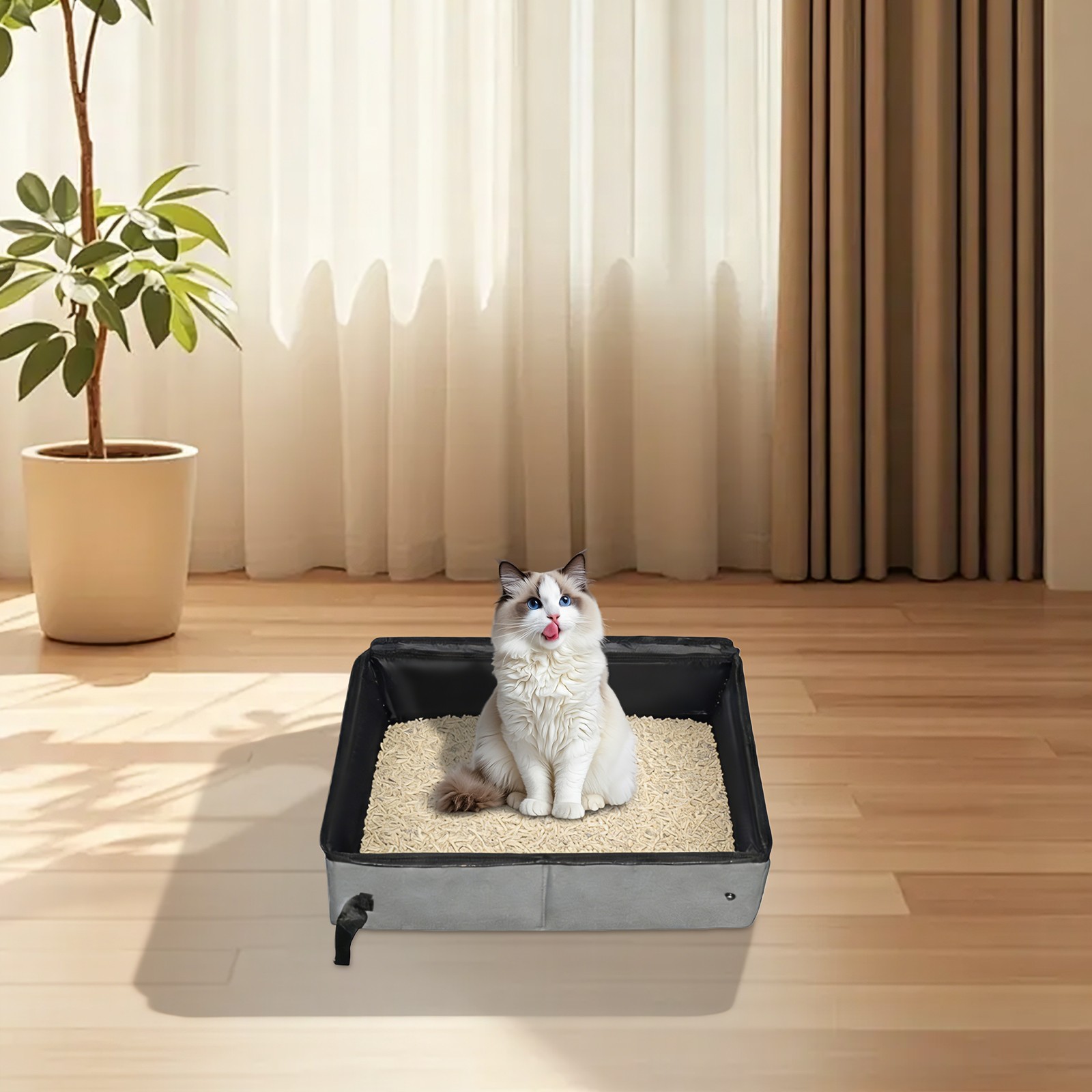 Foldable Cat Litter Box with Lid, Portable Oxford Cloth, Grey, Medium