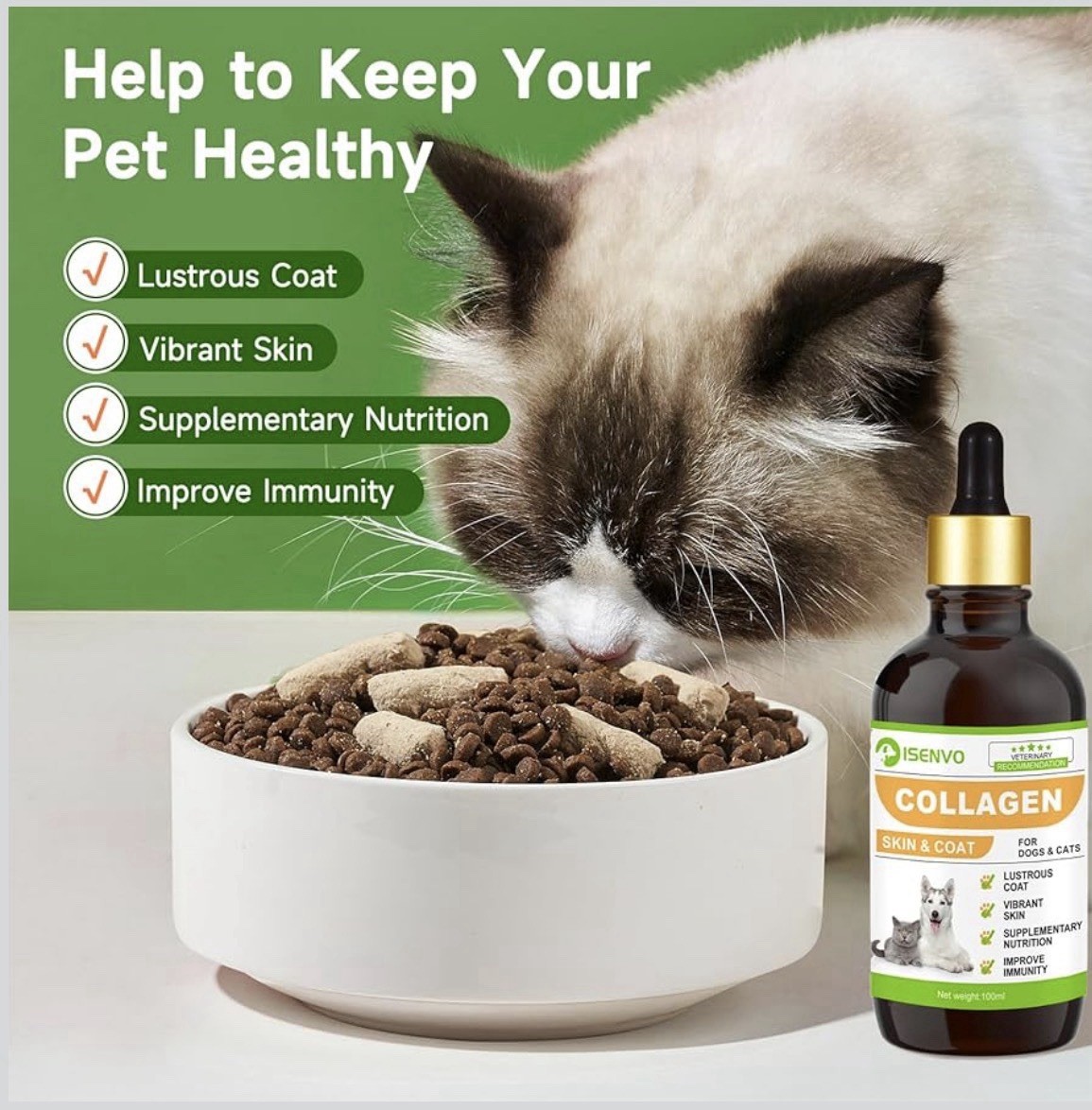 Skin & Coat Supplement for Dogs Cats | ISENVO Daily Liquid Collagen New In Pkg