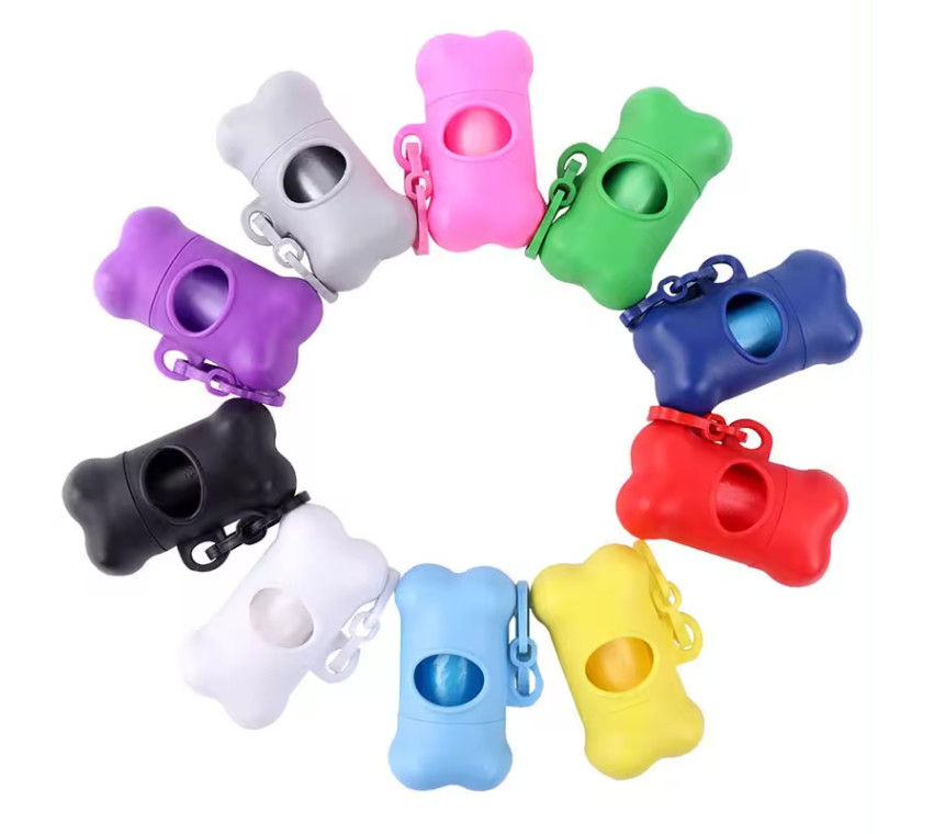 Bone-Shaped Pet Poop Bag Dispenser w/ Hook Plus a Roll of Bags – 5 Pack