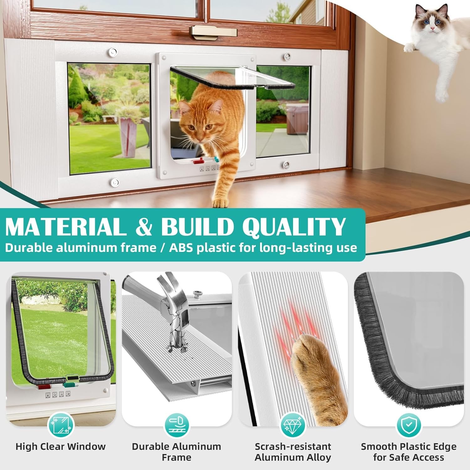 Aluminum Window Pet Door for Cats Small Dogs – Window Cat Door Insert Horizontal