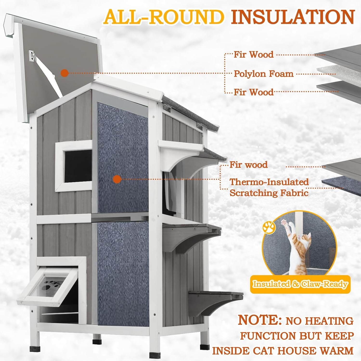 PetsCosset Insulated Cat House Outdoor Shelter Two Story Wooden with Roof,Grey