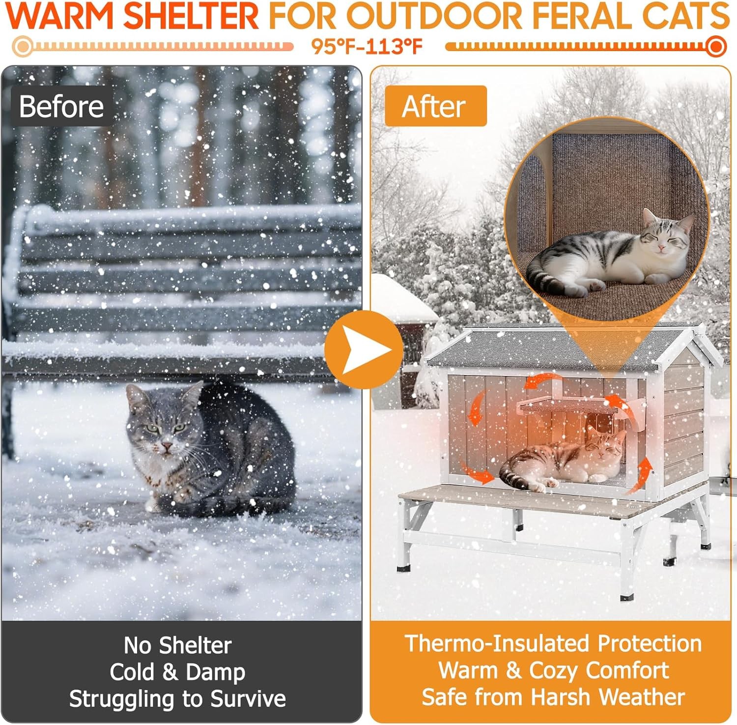 Petscosset Insulated Cat House Outdoor Cat Shelter for Winter Wooden Pet House