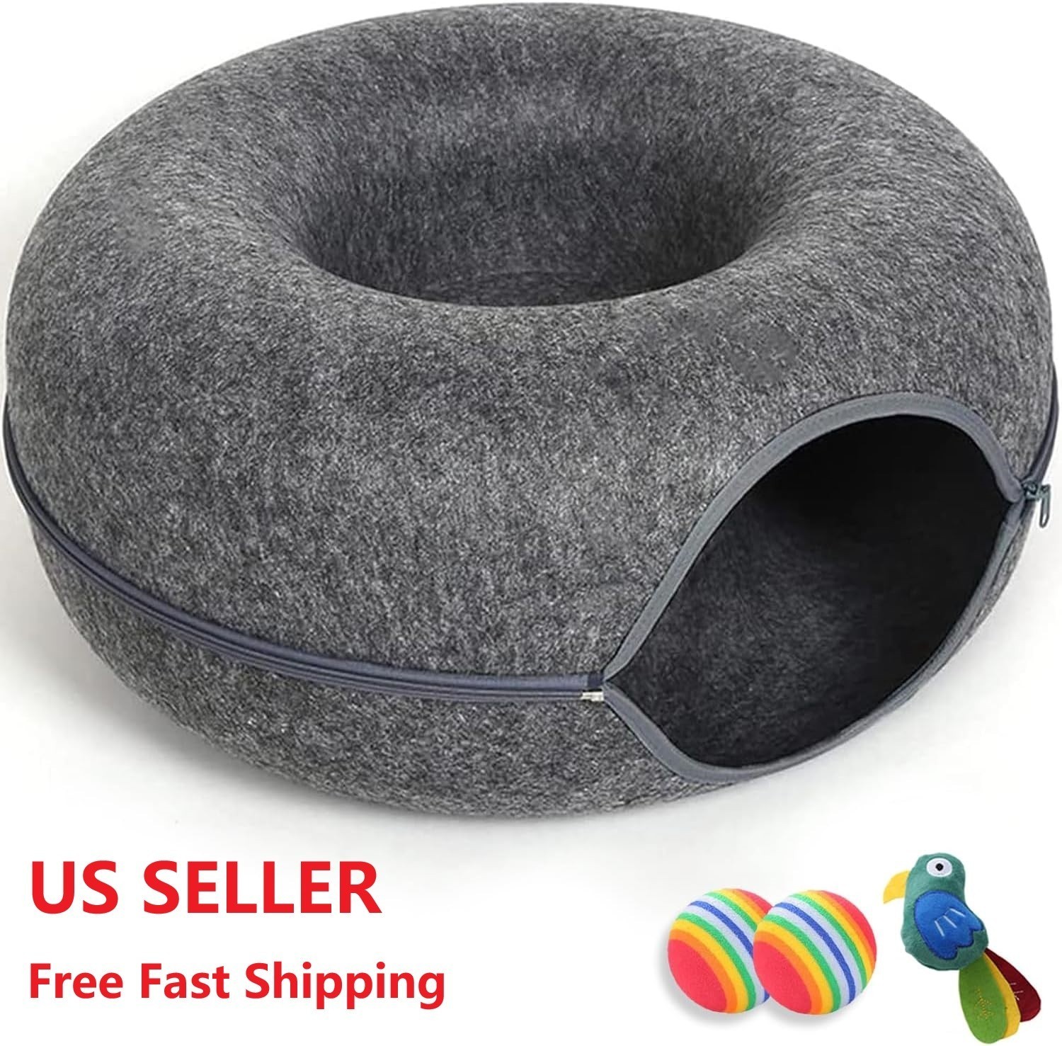 Cat Cave EXTRA LARGE Cat Tunnel Bed Indoor Cats,Cat Donut 24x24x11” with 3 Toys