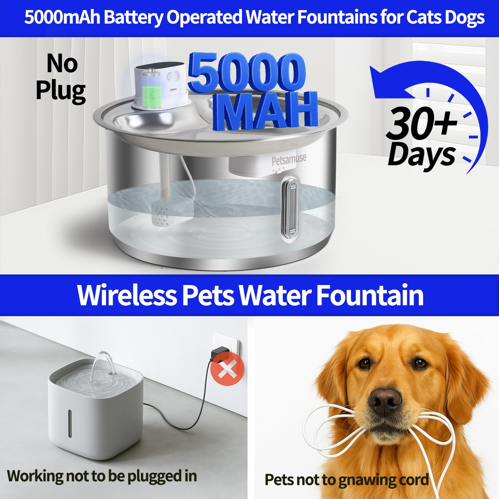 2.8Gal/11L Cordless Dog Water Fountain For Large Dogs Petsamuse 5000Mah Battery