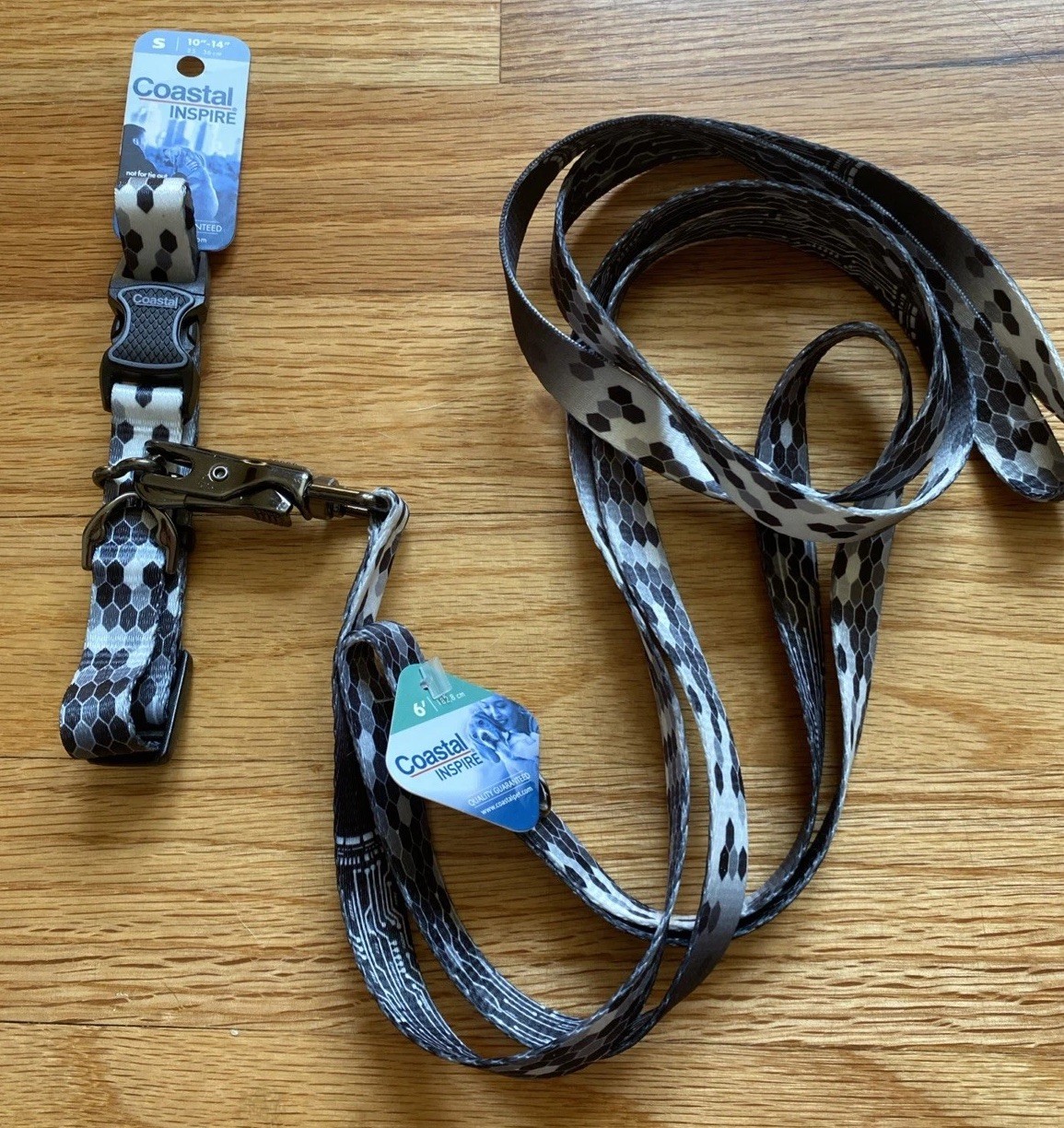 Coastal Small Dog Collar Leash Matching Set 10-14” 6, Black White Gray Geometric