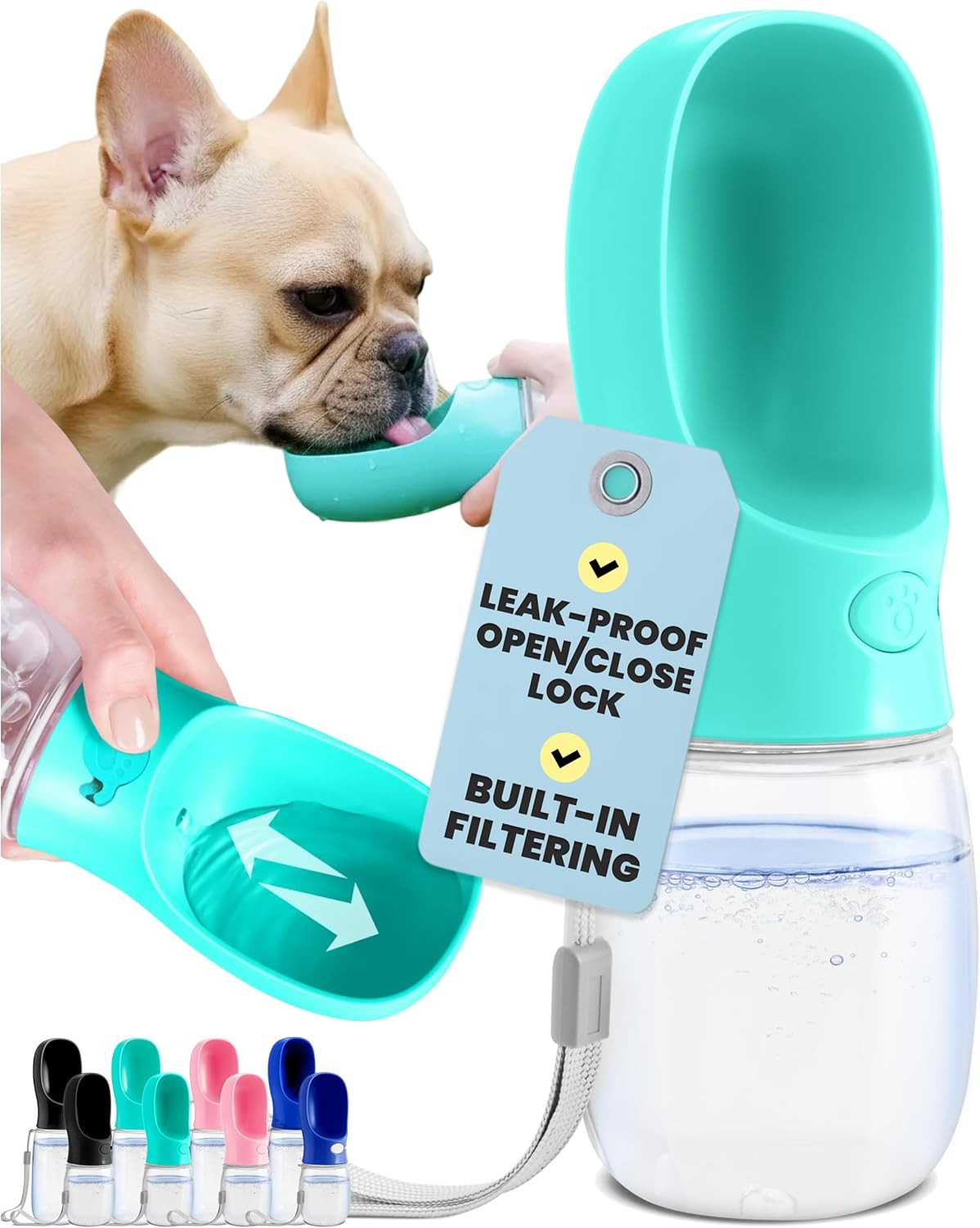12oz Dog Water Bottle Dispenser Leak Proof Travel Bottle Built In Bowl Blue