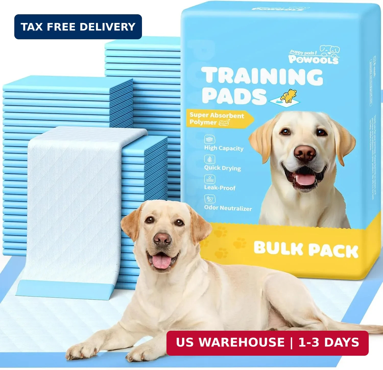 Powools Puppy Pads for Dogs, 34 x 28 in, 6-Layer, Leak-Proof, 100-Pack | X-Large