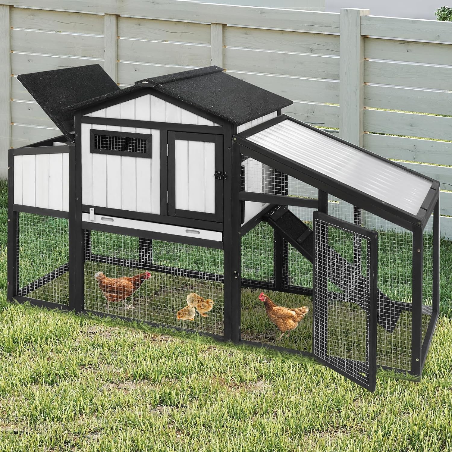 PetsCosset Chicken Coop and Run Wooden Rabbit Hutch Poultry Cage, Black
