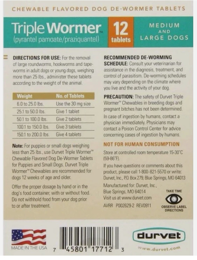 Durvet Triple Wormer for Medium and Large Dogs 12ct Exp 12/2026
