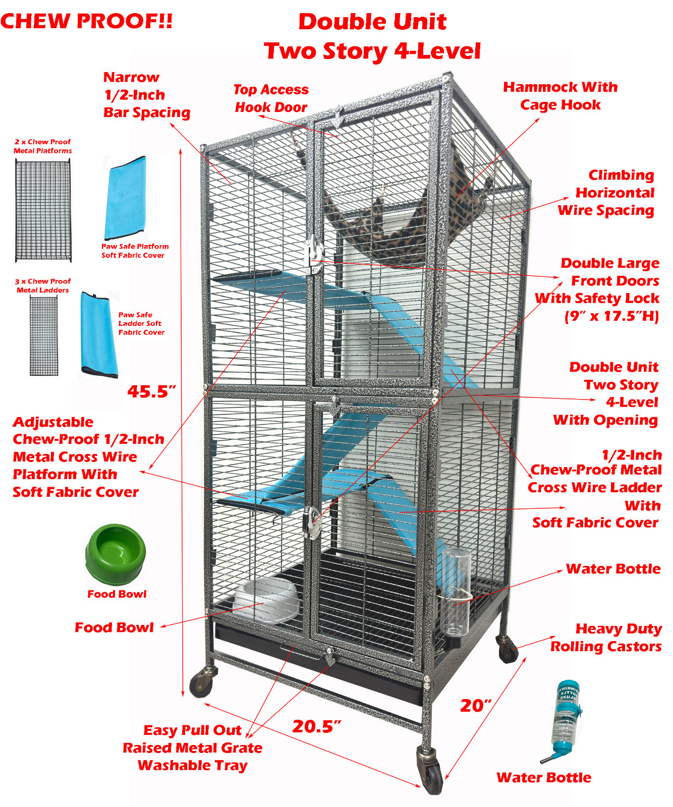 Deluxe Two Story Double Unit 4-Tiers Ferret Hammock Rats Critter Cage On Wheels