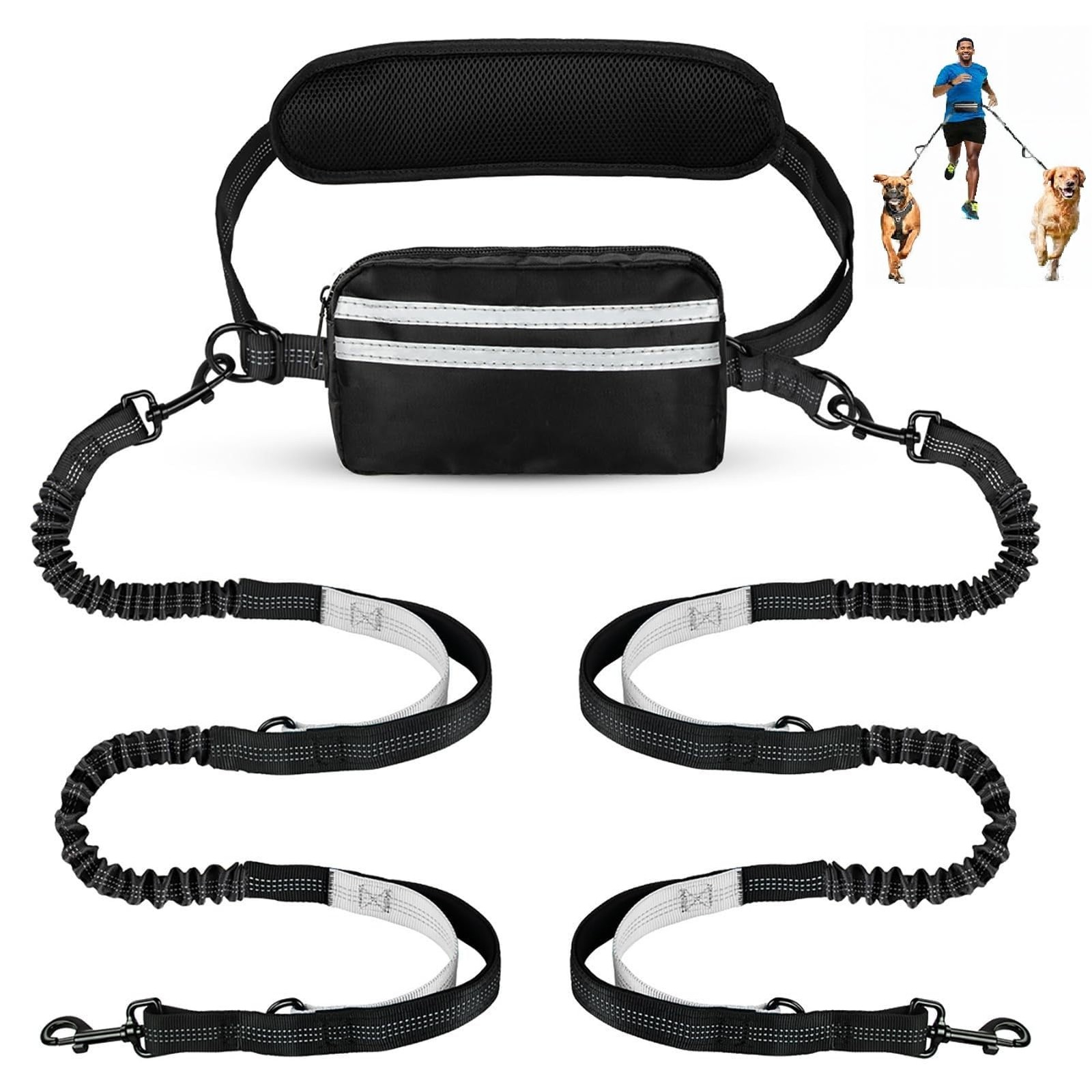 Black/Silver Gray Hands Free Dog Leash, Pouch, Dual Attachment, 2 Dogs, Waist