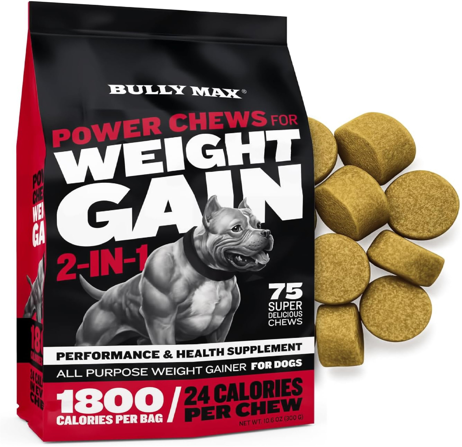High Calorie Dog Weight Gainer Soft Chews for Puppies & Adults – 75 Chews, Diges