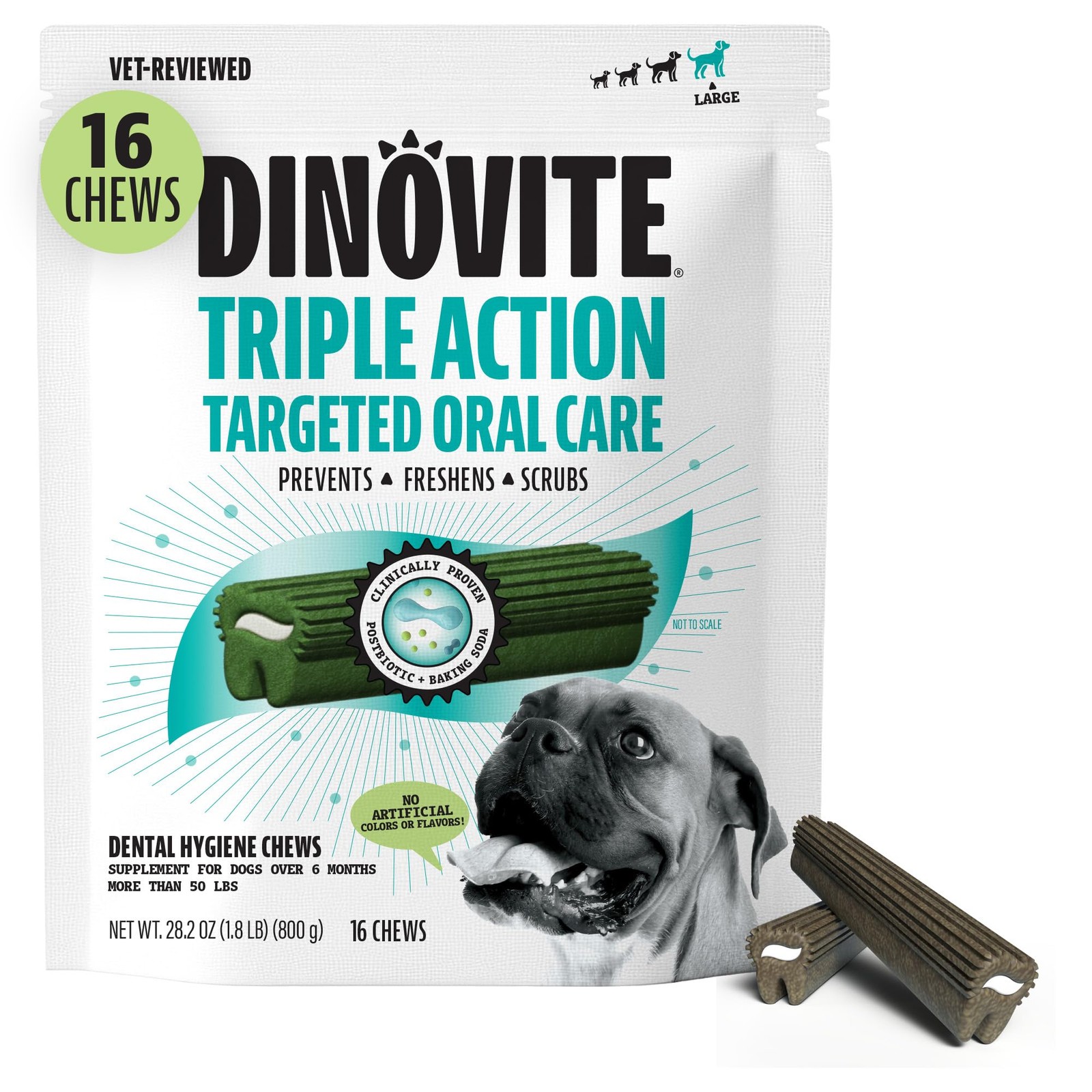 Dental Chews for Dogs, Triple Action Dental Dog Treats for Large Breeds 16 Count
